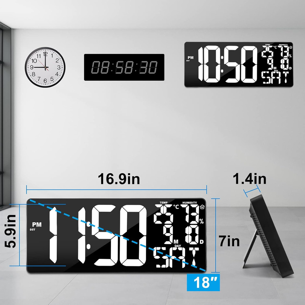 18 Inch Oversized Digital Wall Clock with Remote Control, Auto-Dimming, Temperat