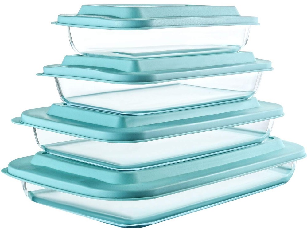 8-Piece Deep Glass Baking Dish Set with Plastic lids Rectangular Bakeware Pans