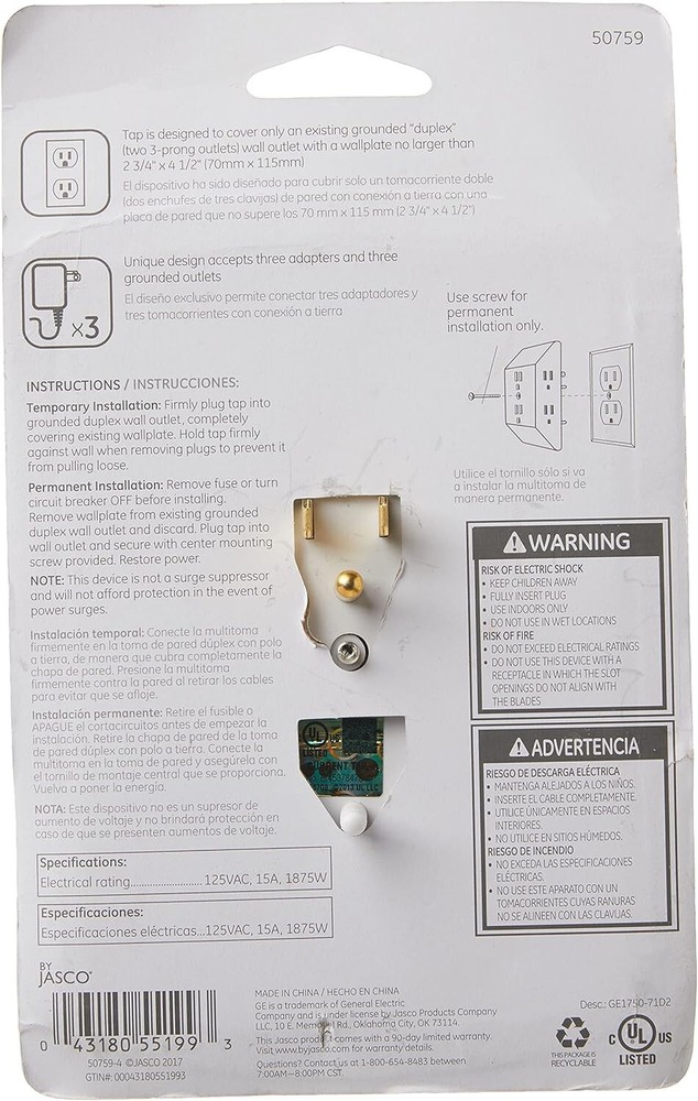 Grounded Sockets Electrical Outlet Multiple Extender Wall Adapter Switch 6 Plug