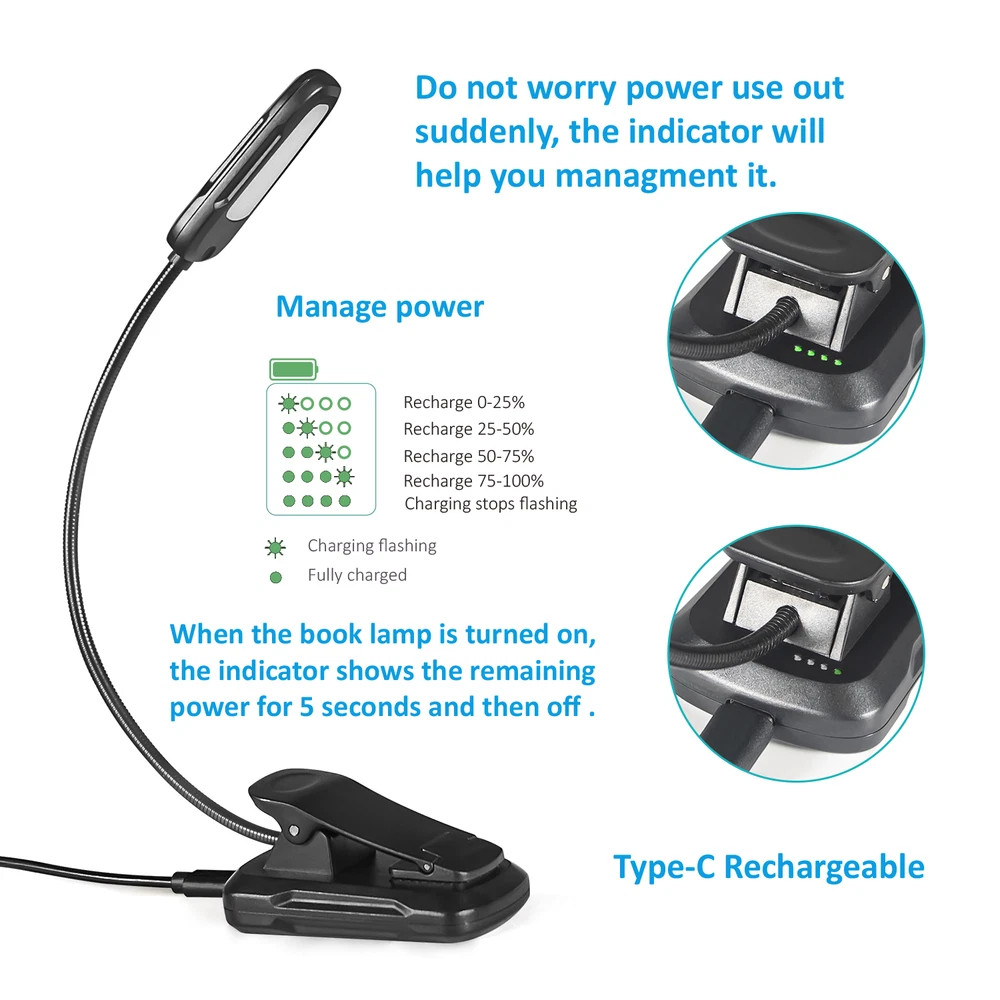 LED Book Light Flexible Rechargeable With 3 Light Modes Easy Clip Reading Lamp