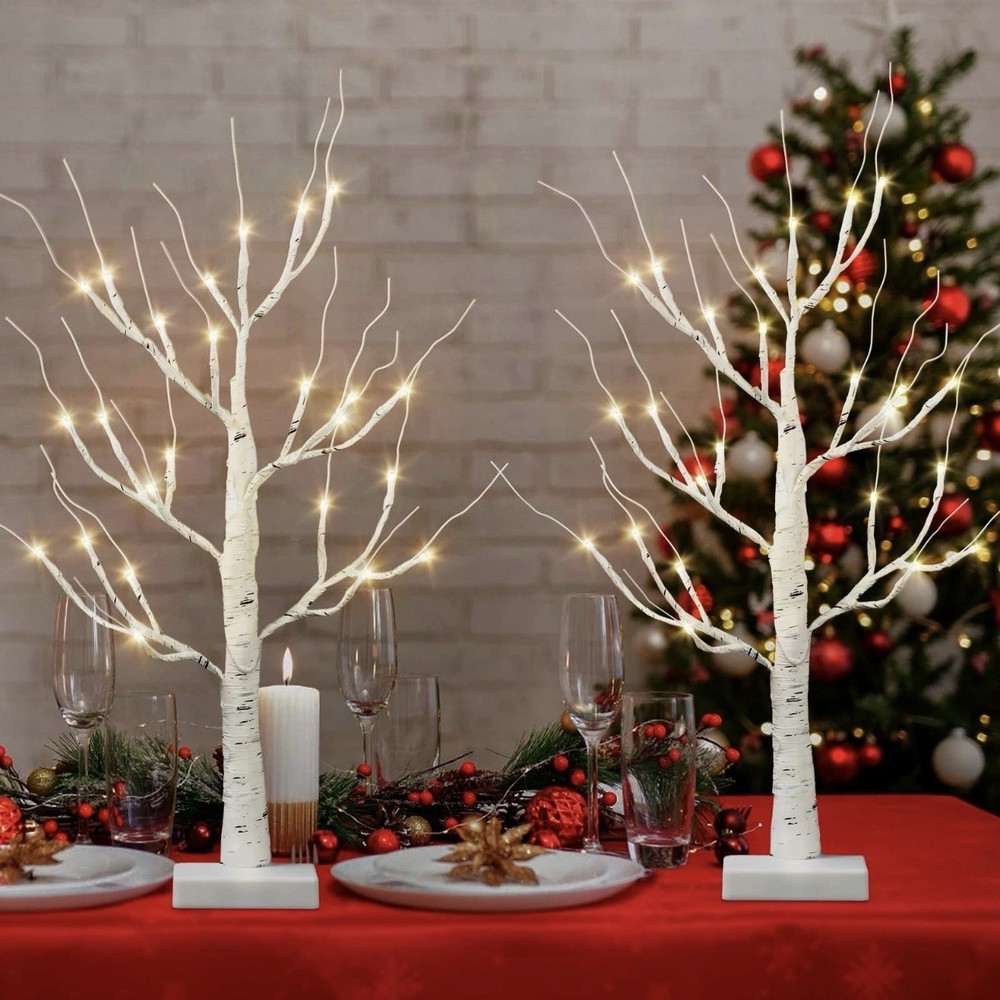 Christmas Lighted Birch Tree 2FT 6/18hr Timer 2 Pack Warm White 3AAA