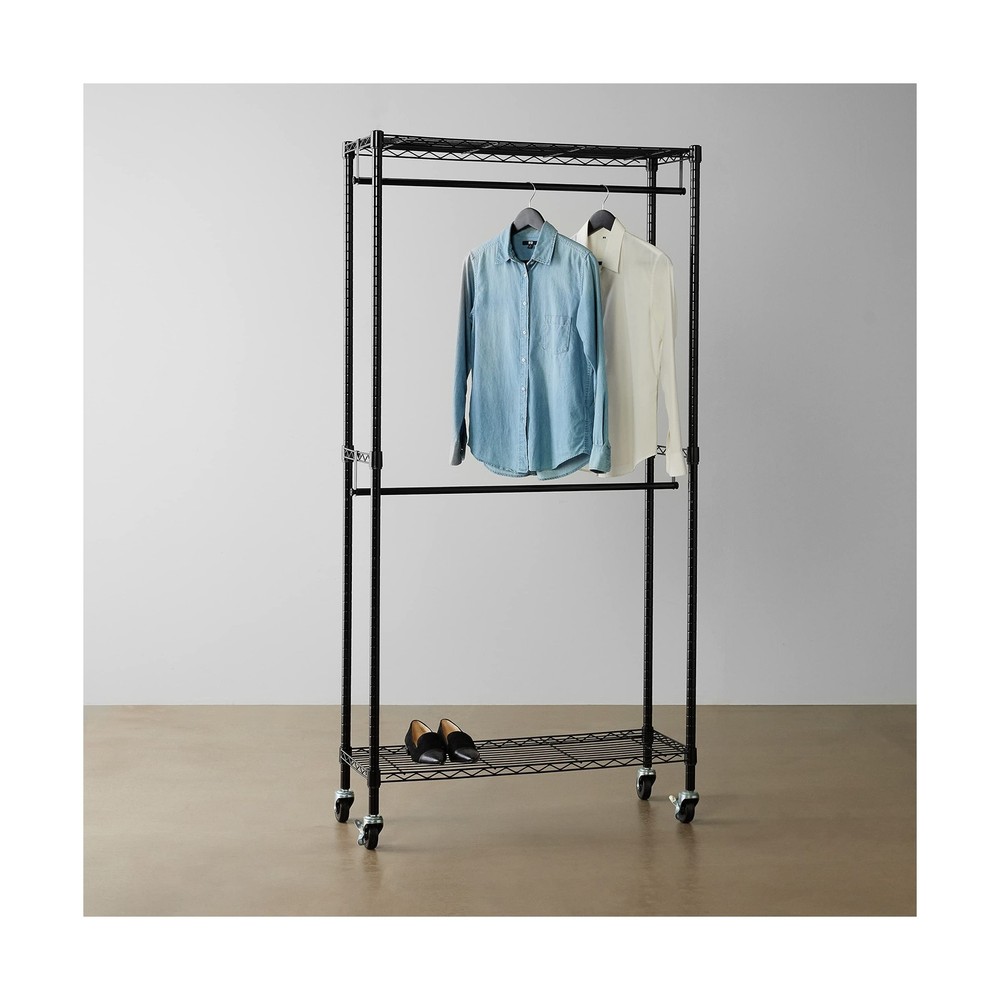 Amazon Basics Adjustable Double Rod Rolling Garment Rack, Hangi... USA FAST SHIP