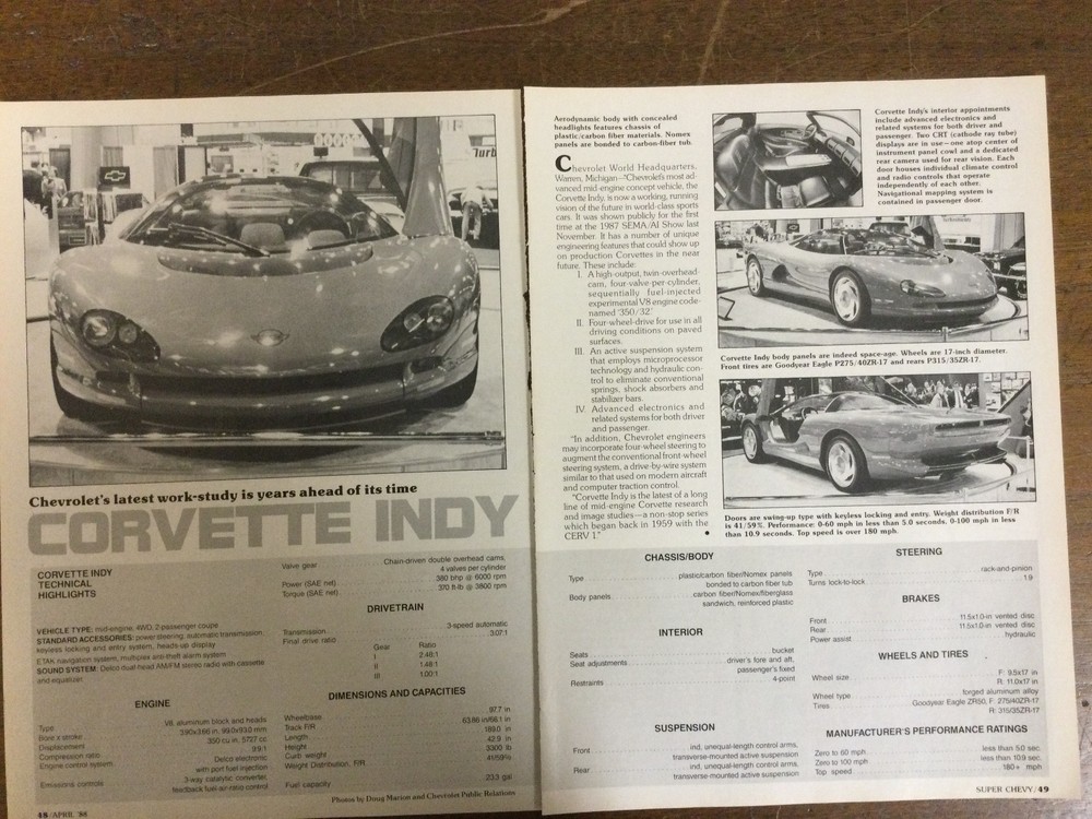 Misc 5836 Article Corvette Prototype Corvette Indy Technical Highlights Apr 1988