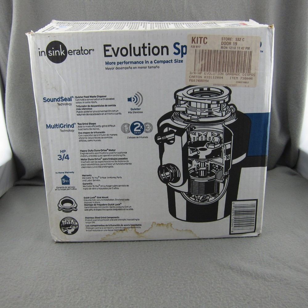 Insinkerator Evolution Spacesaver XP 3/4HP Garbage Disposal New Open Box