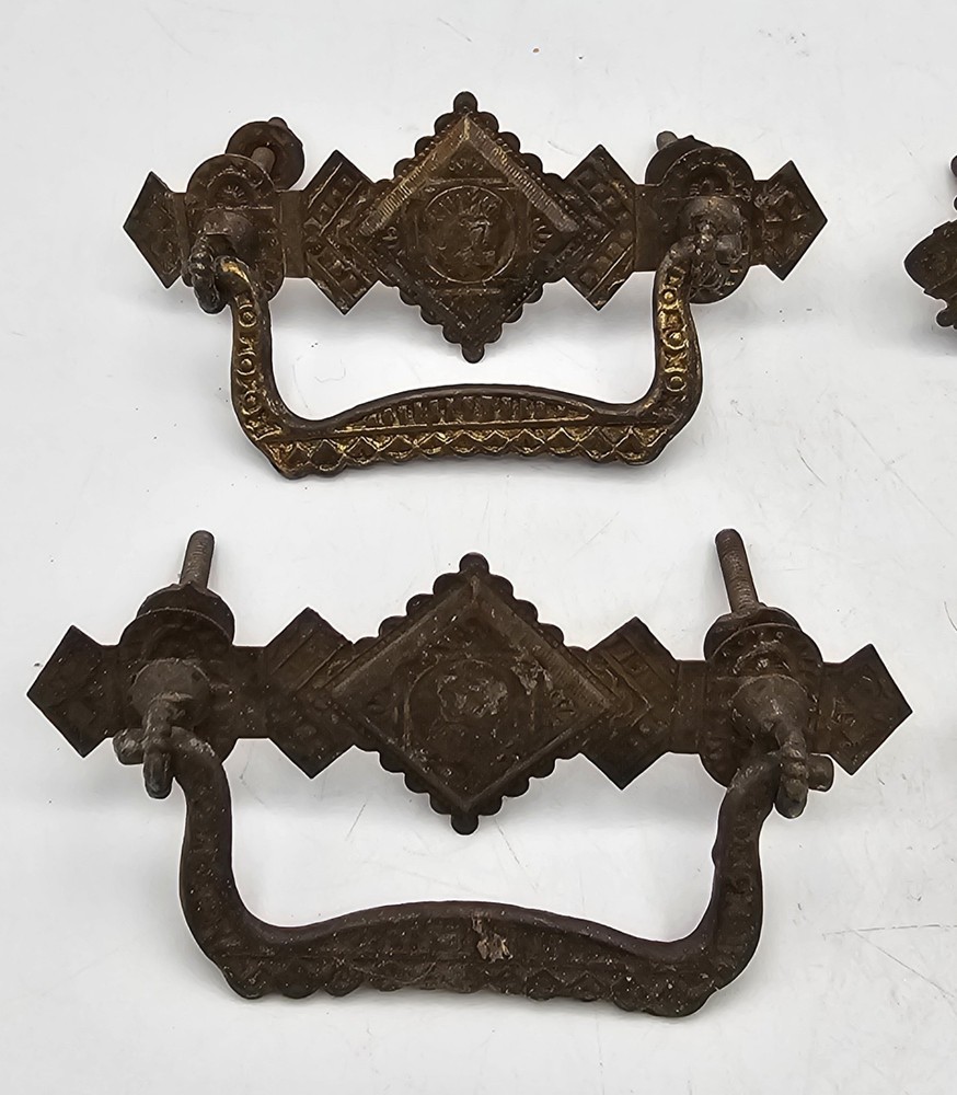 Antique Pressed Brass Drawer Pulls Ornate Gothis Style ~ 2 Pairs