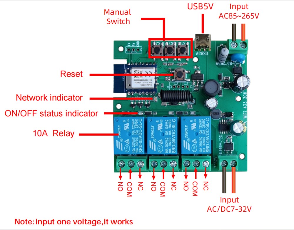 Tuya WIFI+RF433 3-Channel 5V12V Module Remote Voice Control Smart Switch Alexa