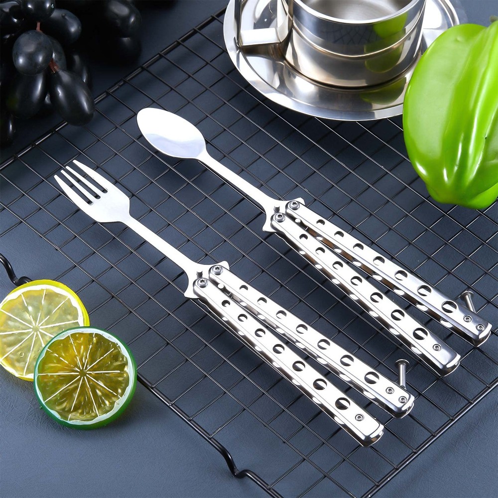 2 Pcs Butterfly Fork and Spoon Set, Tactical Folding Black