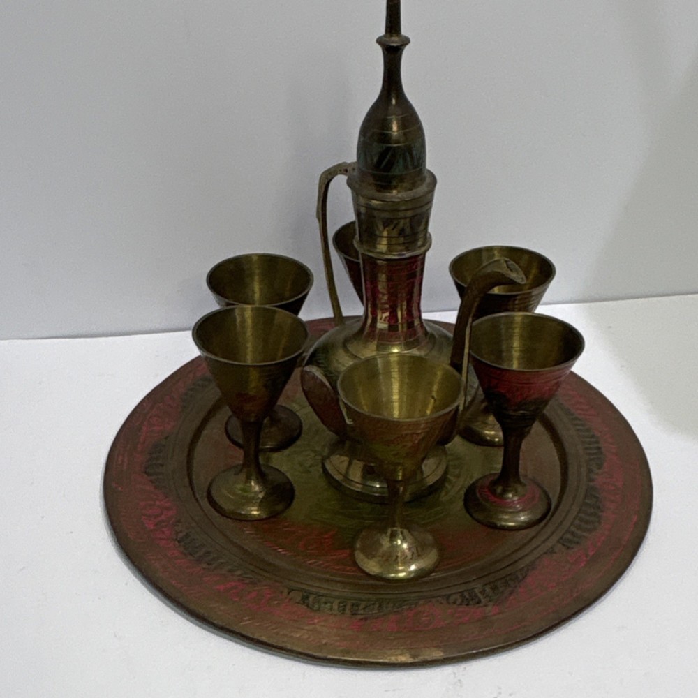 Middle Eastern Brass Coffee Set with Tray, 6 Engraved Colored Goblets, Handmade