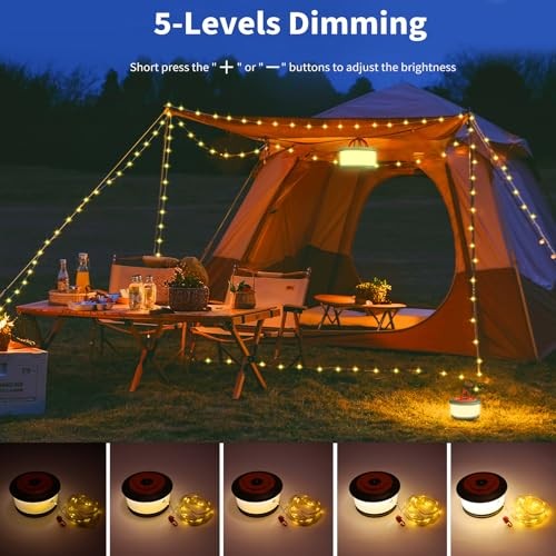 Camping String Lights, Rechargeable Tent Lights String with 6 Lighting Modes,