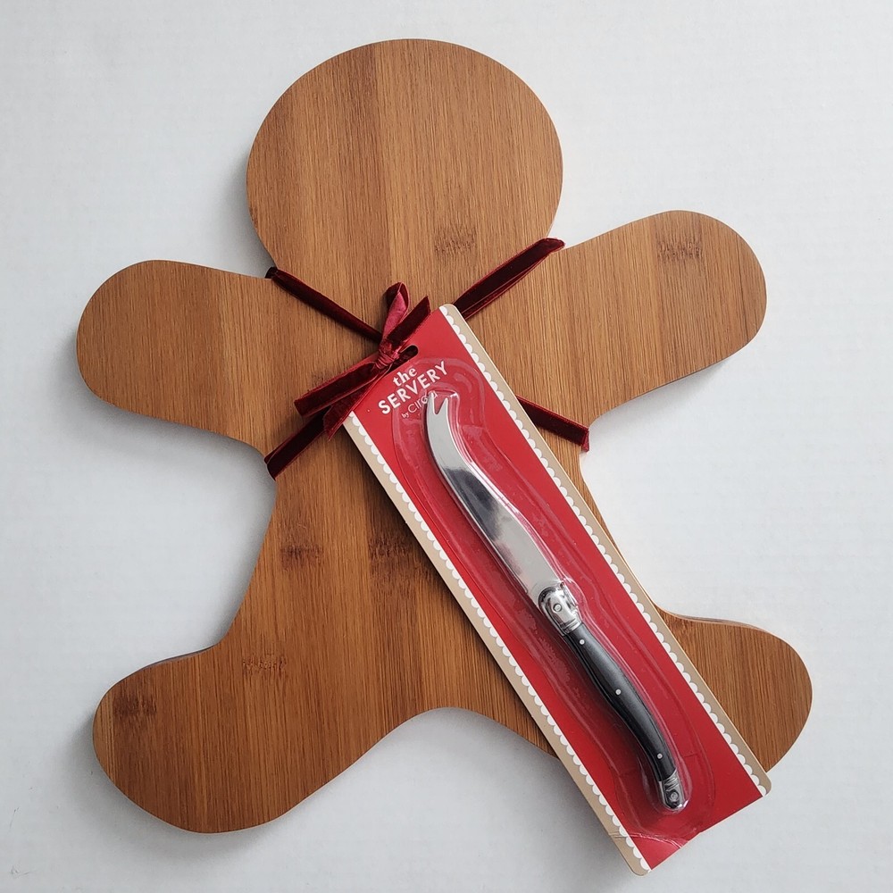 NWT Large Gingerbread Cutting Cheese Board With Knife Bamboo Board 16" x 14"