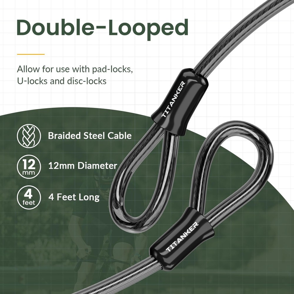 Titanker Bike Lock Cable,12mm Thick Security Cable with Loops 4FT, Black