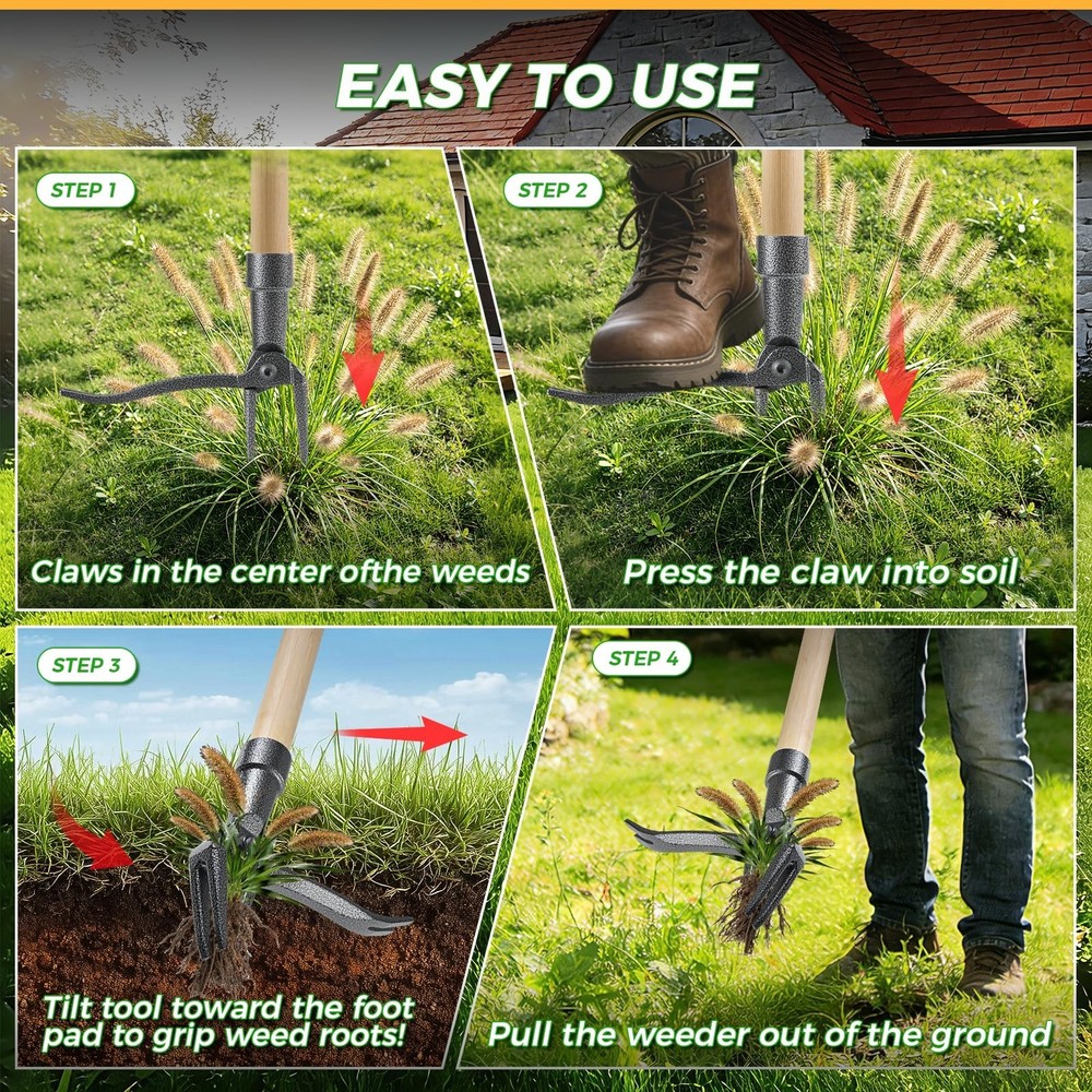 Weed Puller Tool, Stand Up Heavy Duty Root Removal Tool with 4-Claw Head & Lo...