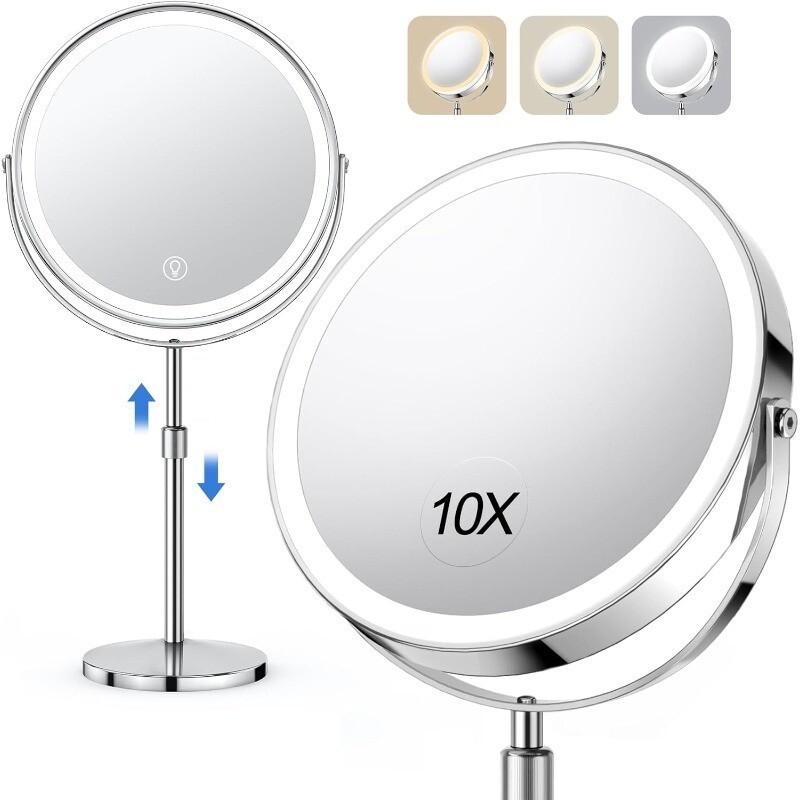 Lighted Makeup Mirror Rechargeable Height Adjustable Double Sided 1x/10x