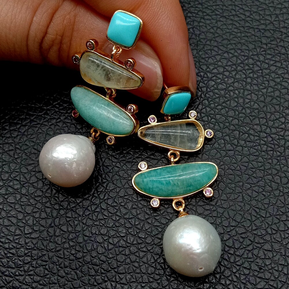 White Freshwater Pearl Blue Turquoise Green Amazonite Dangle Stud Earrings