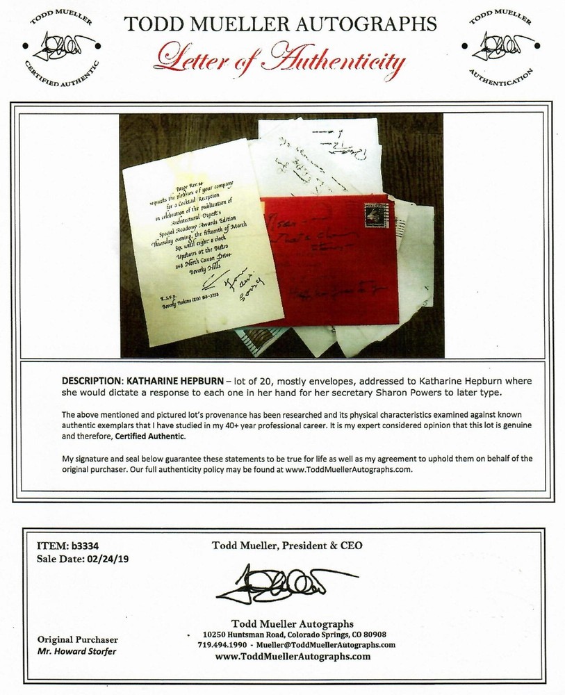 RARE! “Katharine Hepburn" Hand Written Envelope COA