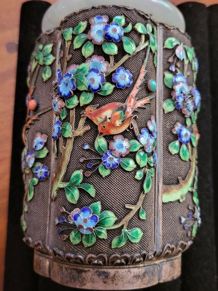 ANTIQUE CHINESE EXPORT SOLID SILVER ENAMEL BIRD & FLOWERS TEA CADDY JADE BANGLE