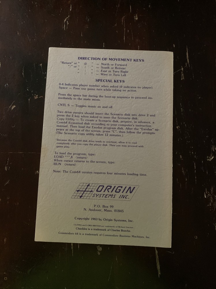 Ultima III Exodus Player Reference Card Only For Commodore 64