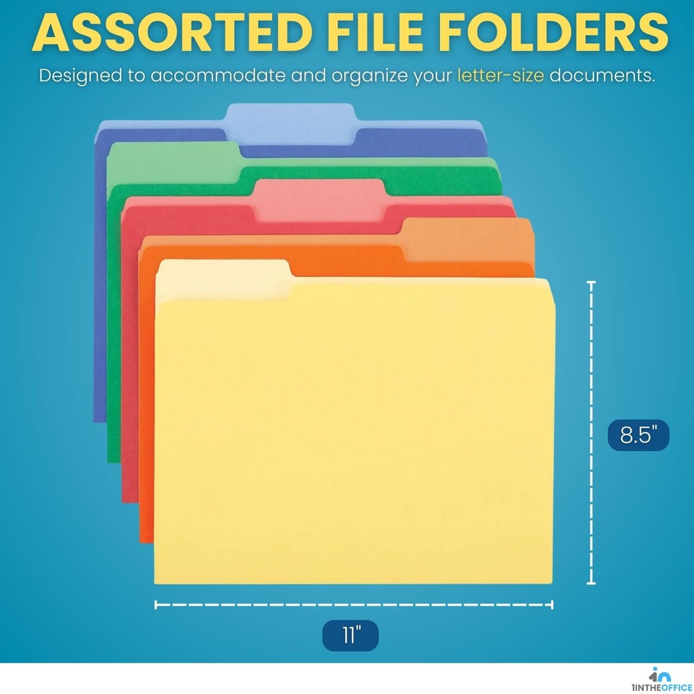 1InTheOffice Colored File Folders, Top-Tab File Folders, 3 Tab, 5 Assorted Co...
