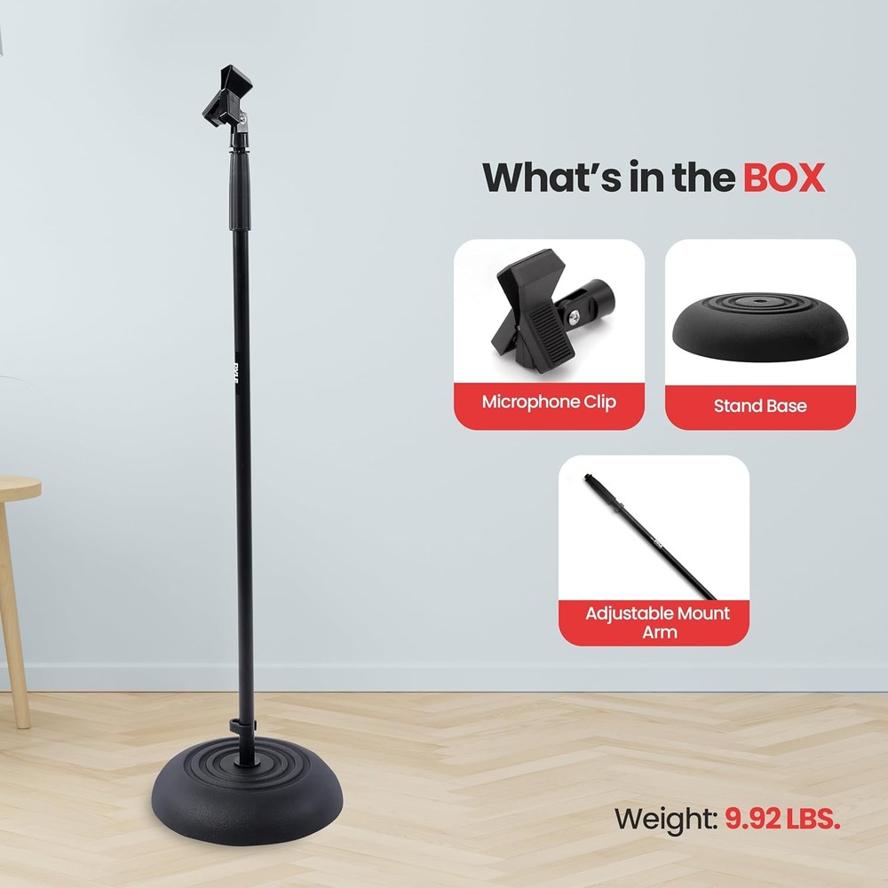 Pyle Adjustable Microphone Stand - Universal Mic with 1 Pack, Black