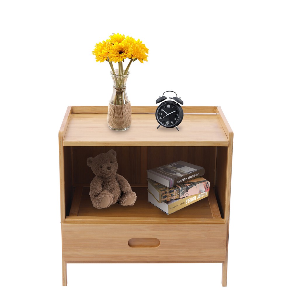Modern Bamboo End Table with Drawer - Versatile Bedroom Side Table