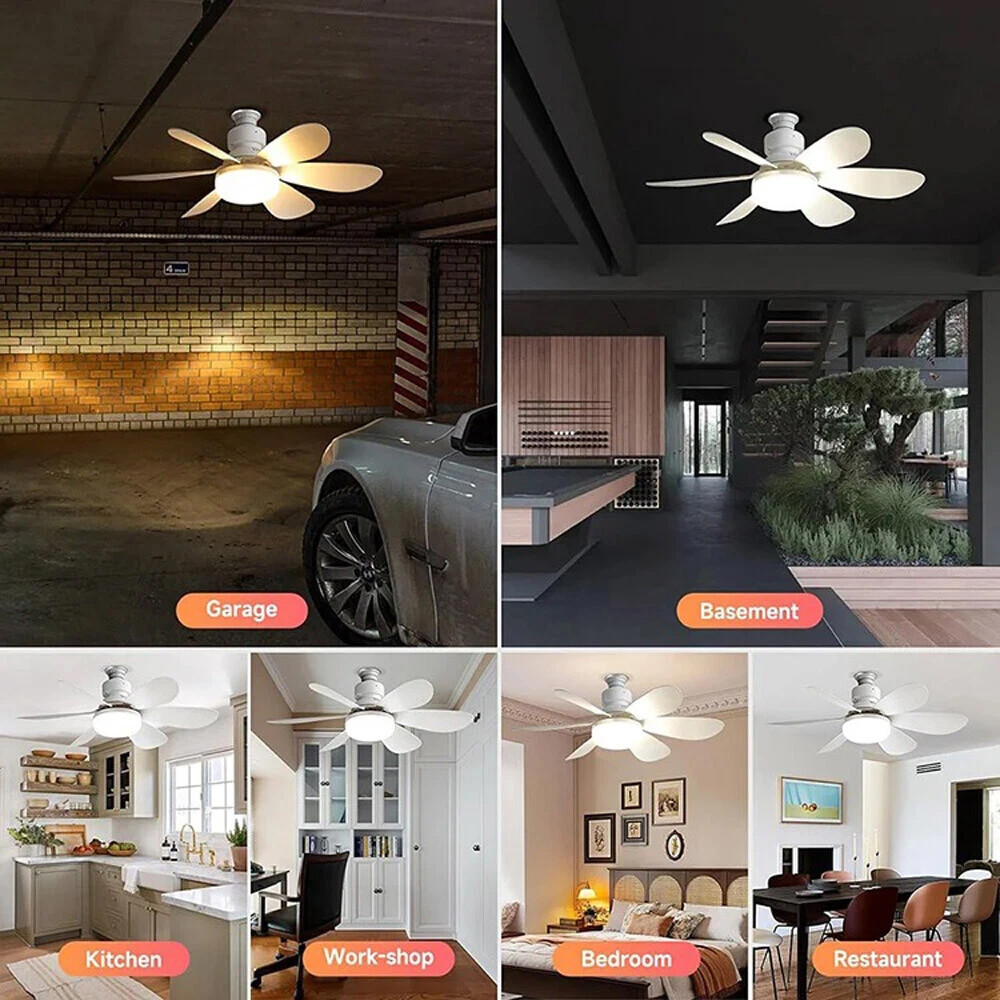 Socket Ceiling Fan with Light E27 Base Screw in Ceiling Fans Dimmable LED Light