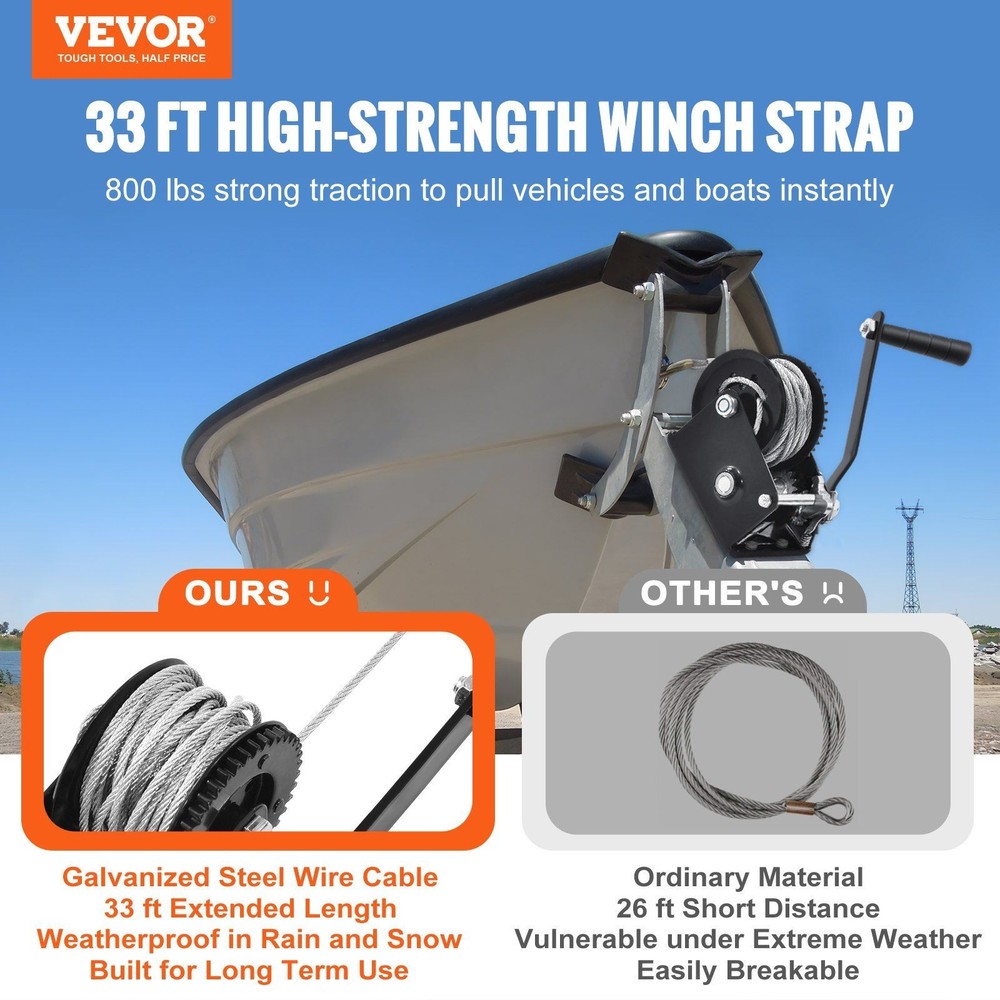 Strong 800lb Load Winch 33ft Wire Rope Ergonomic 8in Handle Compact Frame