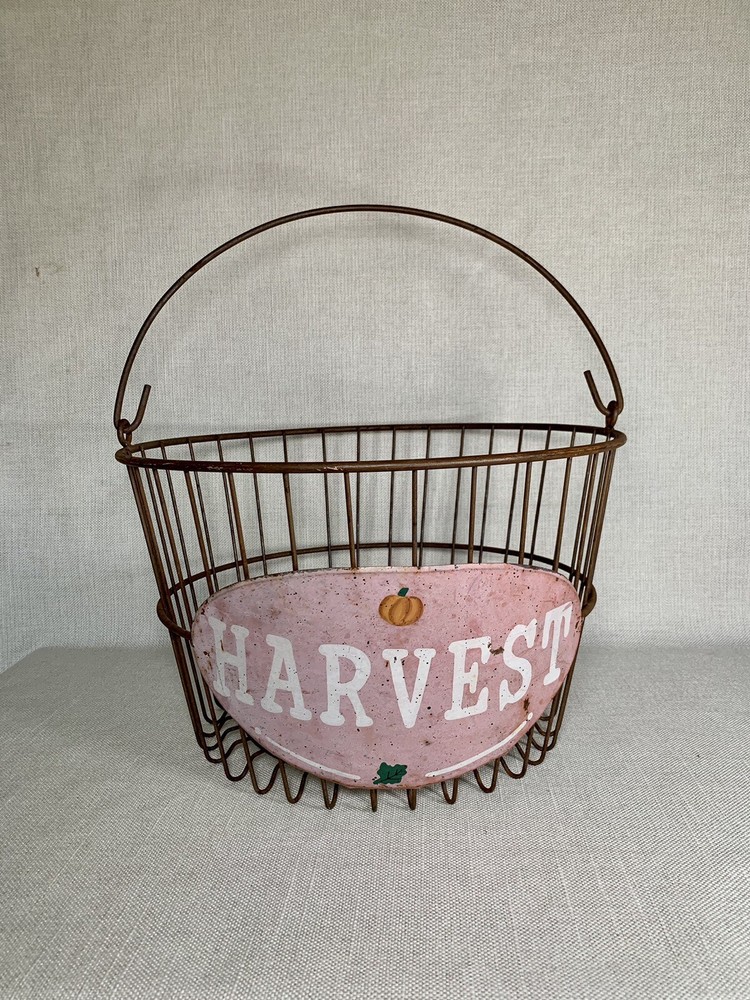 Large Round Primitive Rustic Egg Harvest Gathering Wire Basket With Bail Handle