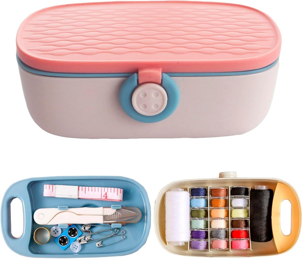 Portable Sewing Kit for Adults – Pink Plastic Box with Needle & Thread