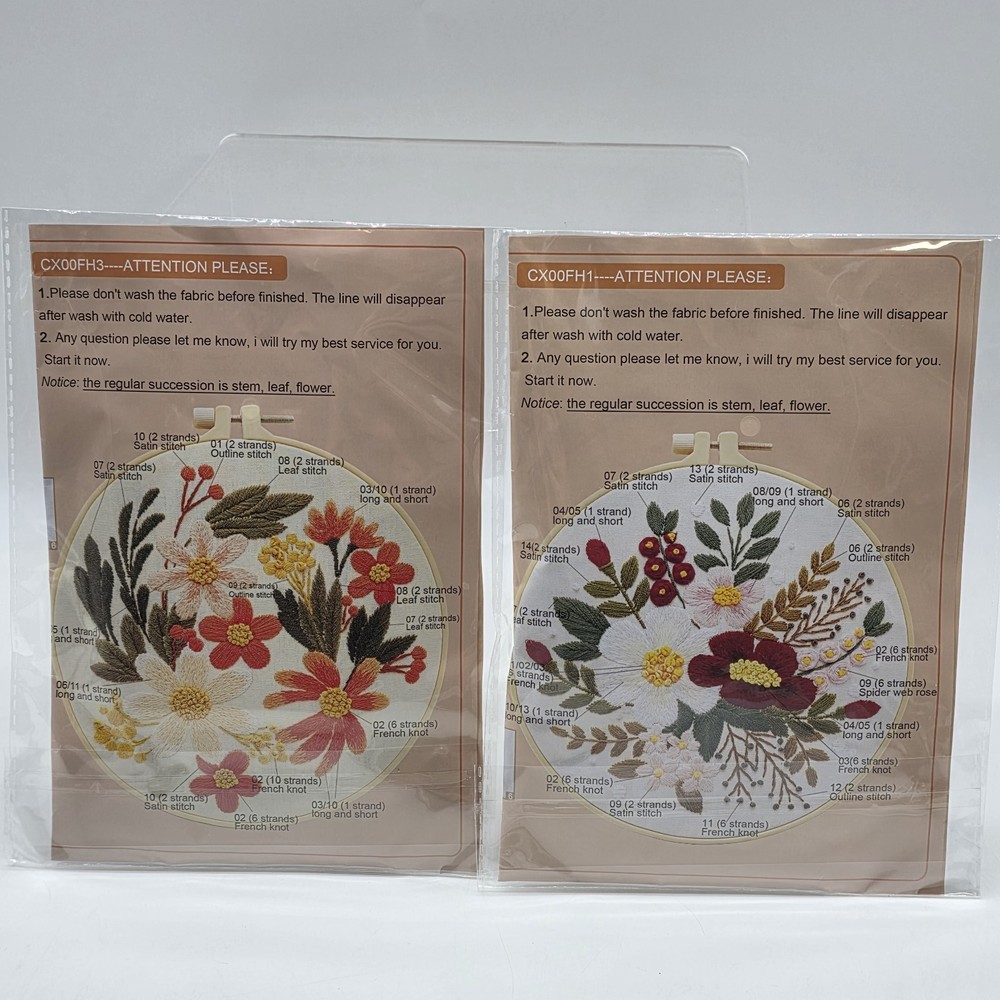 2 Embroidery Kits Complete Fabric Directions Thread Floral Pattern DIY Art Kit