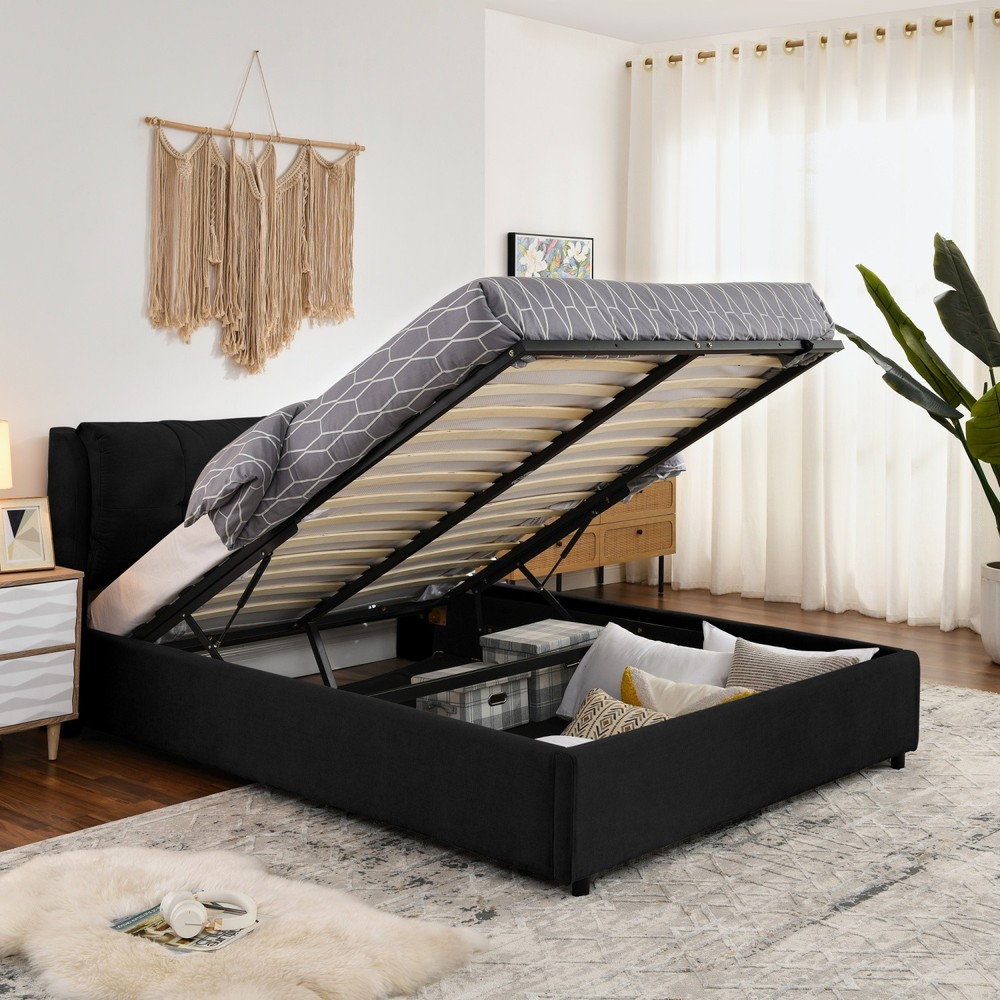 Queen/King Size Upholstered Platform Bed Frame w/ Hydraulic Storage System Black
