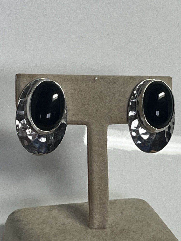 Sterling Black Onyx Earrings Hammered Silver Pierced Signed