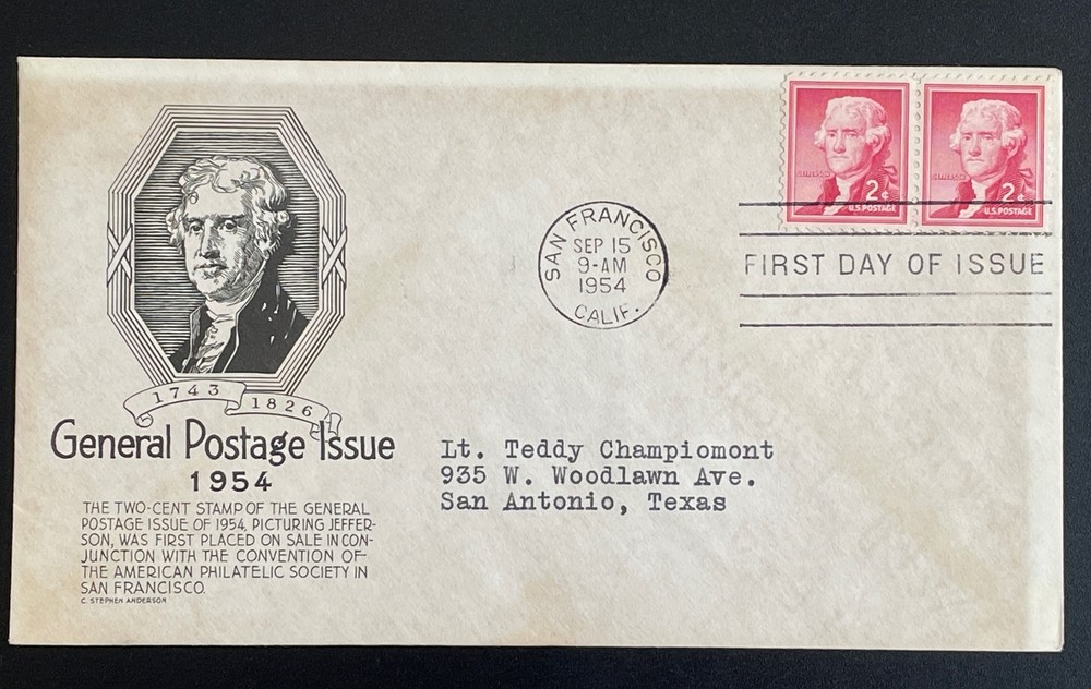 US FDC #1033 Thomas Jefferson Pair; Cachet; Postmark: San Francisco