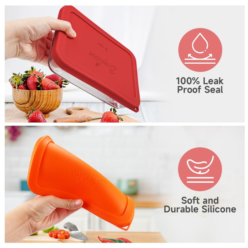 Sophico 3 Cup Rectangle Silicone Storage Cover Lids Replacement RED - 2 PACK