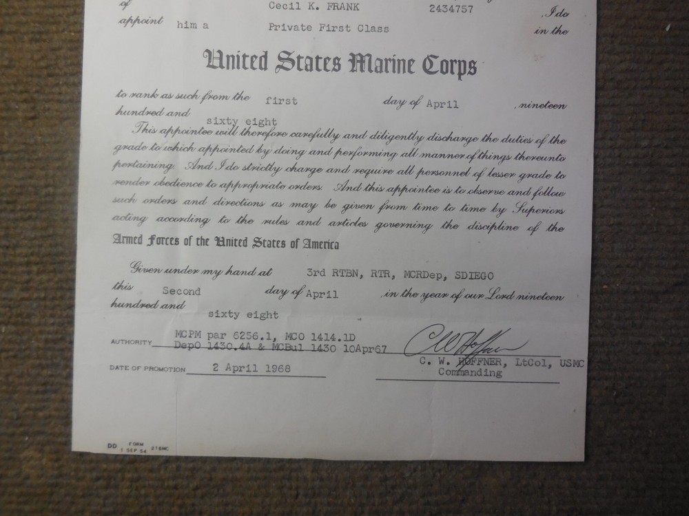 1968 USMC Vietnam War Private First Class Promotion Document