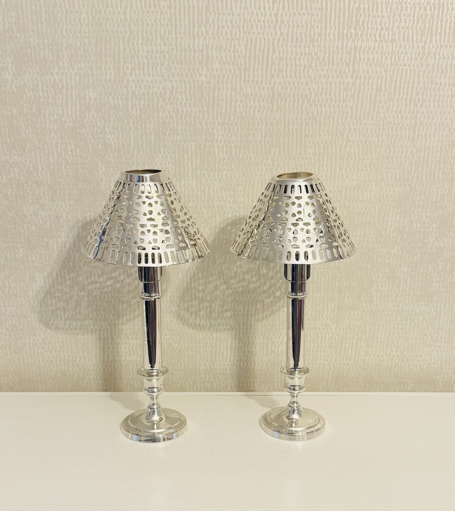 Vintage 2 Silverplate Springloaded Candlestick Holders With Silverplate Shades
