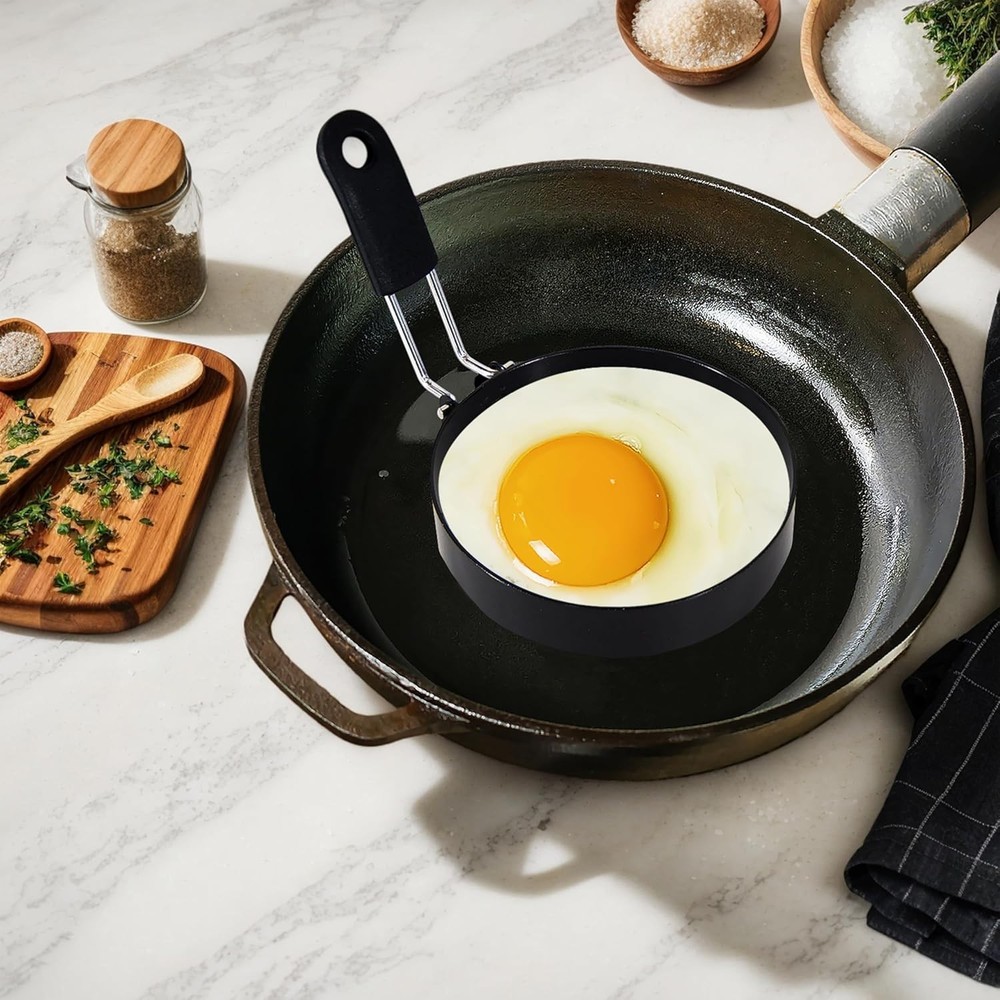 2-Pack 3.5'' Egg Rings Set with Silicone Handle, Stainless Steel Black