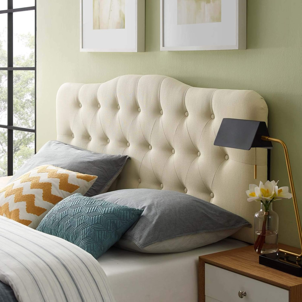 Ivory Tufted Linen Queen Headboard - Elegant Upholstered Design