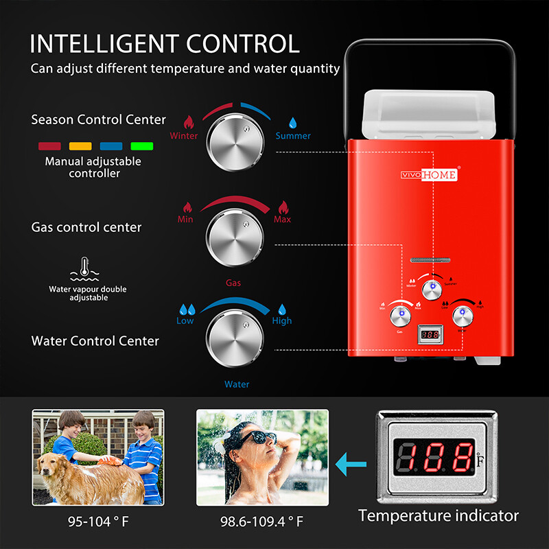 Portable 1.6GMP 6L Propane Gas Tankless Water Heater Digital Display RV Camping