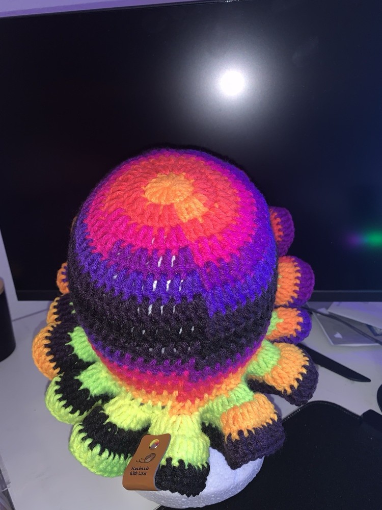 Handmade crochet hat multicolor ruffle brim rainbow stripes