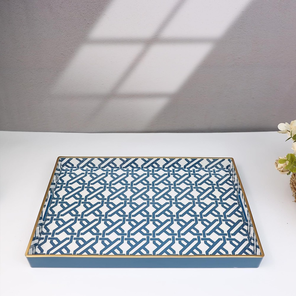 White Plastic Marbling Rectangular Decorative Serving Tray 15.6x10.2 Inch