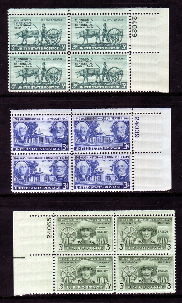 1949 COMMEMORATIVE PLATE BLOCK YEAR SET.  (6) DIFFERENT.  SCV $6