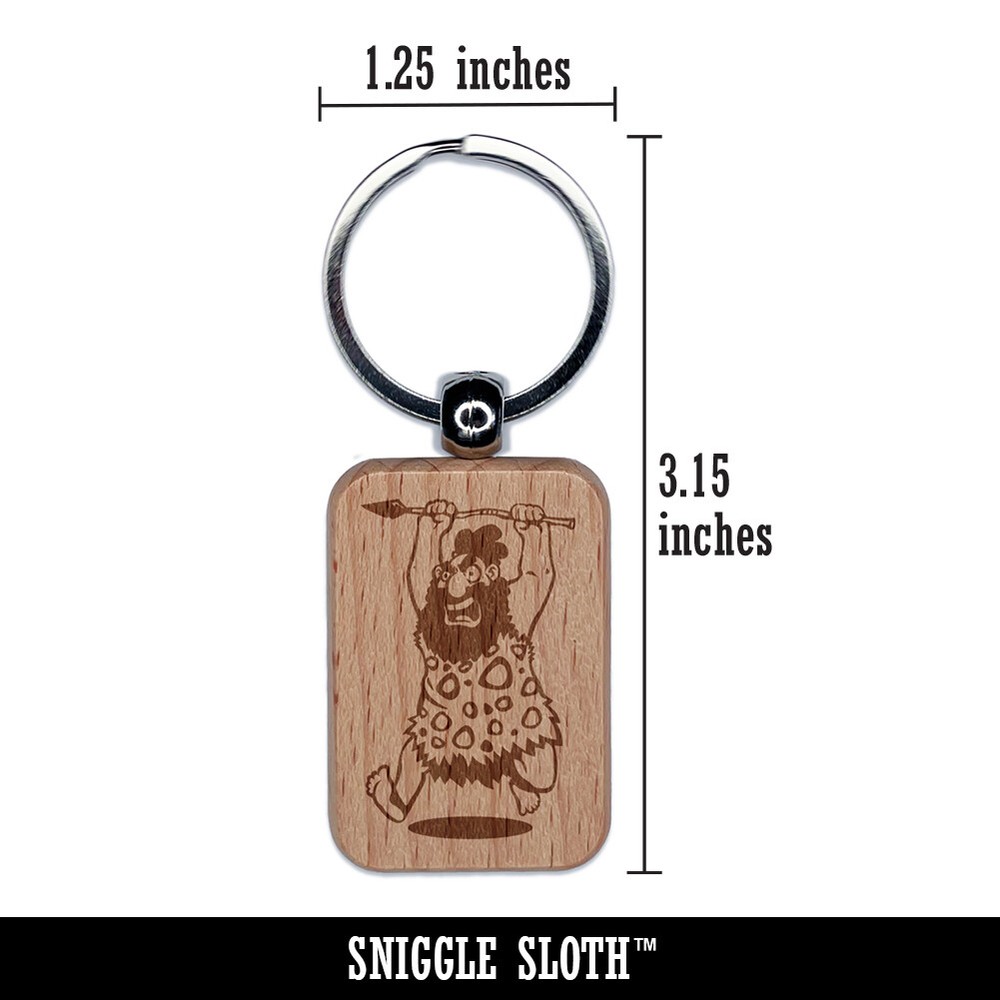 Wild Caveman Neanderthal Running with Spear Engraved Wood Rectangle Keychain