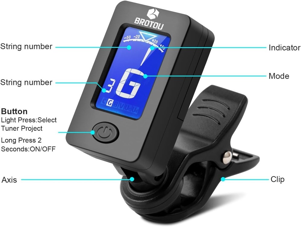 Compact Clip-On Guitar Tuner with Backlit LCD and Automatic Shut-Off Feature