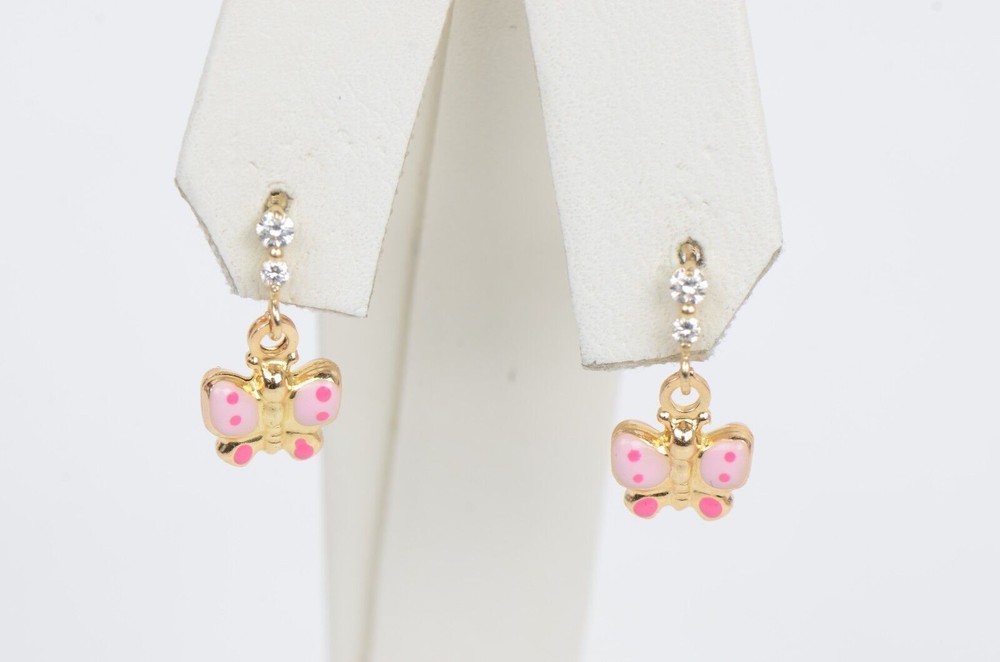 14K Solid Yellow Gold Butterfly Dangle Earring with Enamel