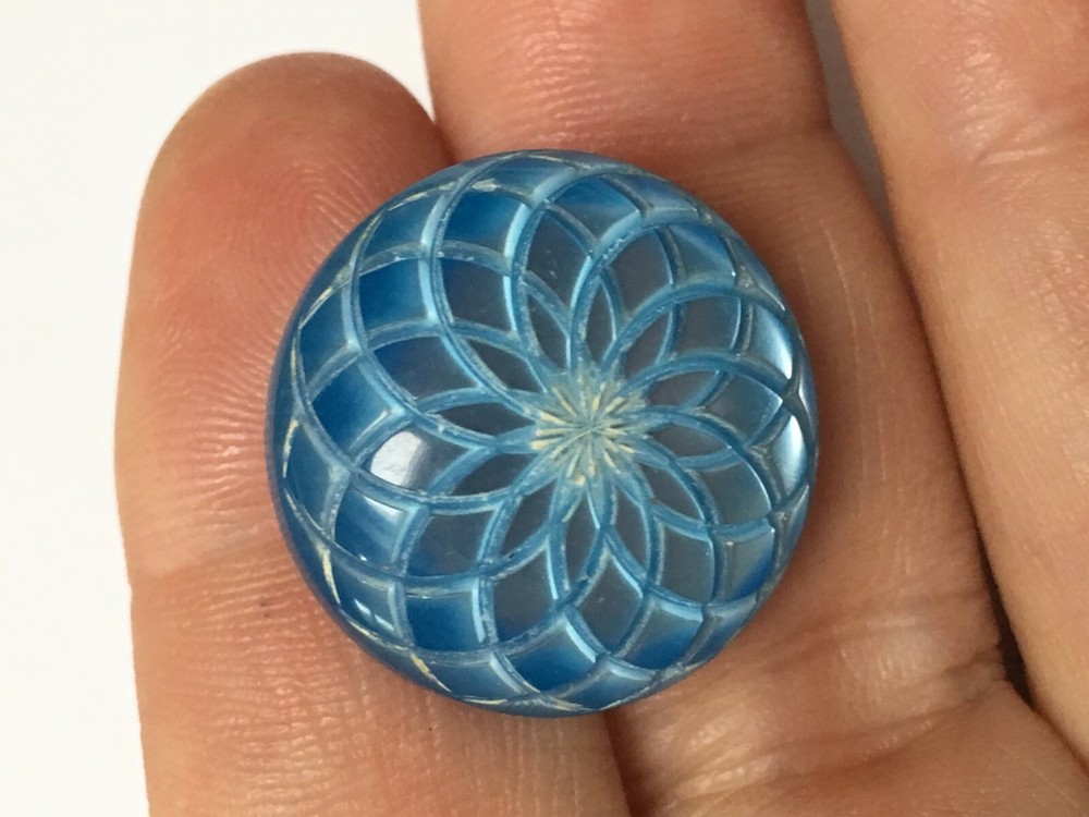 Vintage blue lucite button self shank carved 7/8"