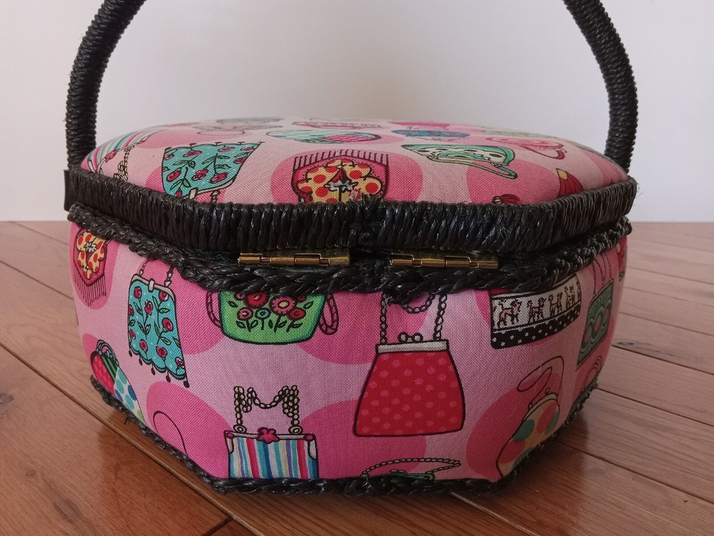 Sewing Box Hexigon Shaped Padded Pink w/ Black Wicker Handle 9" Diameter