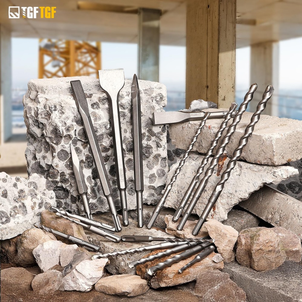 17-Piece SDS Plus Rotary Hammer Drill Bits and Chisel Set, YG8C Carbide Tips,...