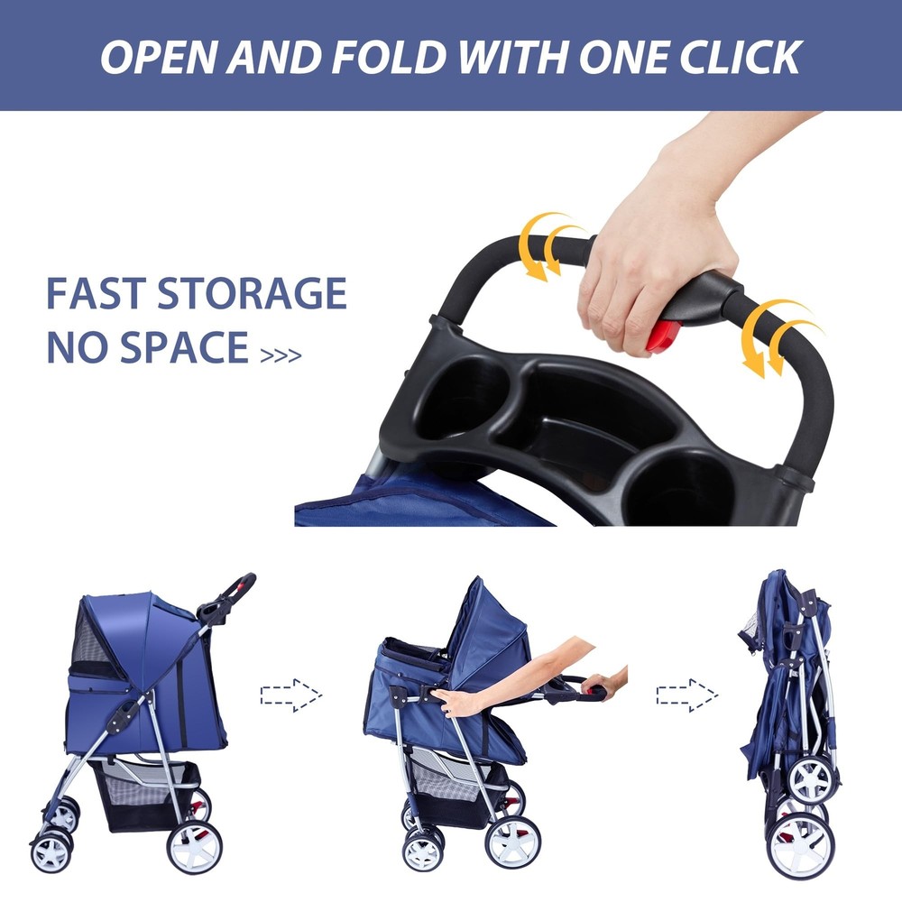 4 Wheels Pet Stroller for Small Medium Dogs Cats 33 lbs, Breathable Foldable ...