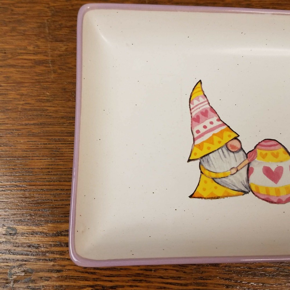 Ceramic Purple Rectangular Easter Platter/Candy Dish Gnomes Painting Easter Egg