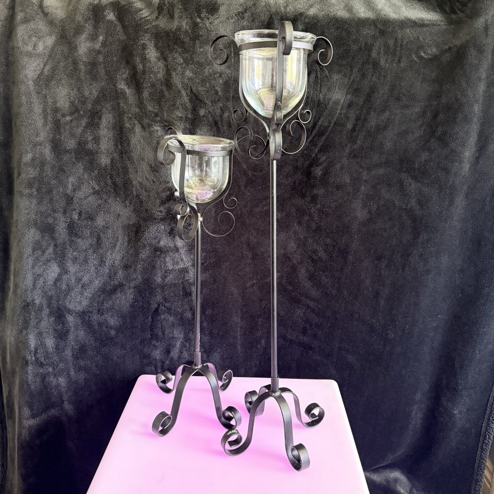 Wrought Iron & Glass Candle Holder Set